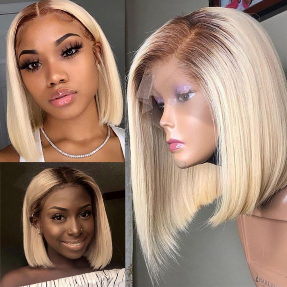 Brown blonde 6/613 dark roots ombre blonde Bob Lace Front Wigs PrePlucked hairline Brown blonde 6/613 dark roots ombre blonde Bob Lace Front Wigs PrePlucked hairline