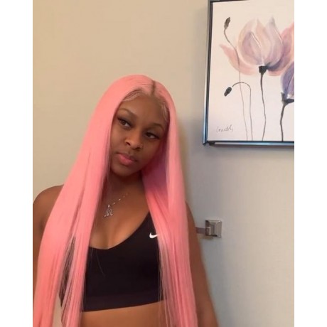 Light pink colored human hair lace front wig silky straight texture 150% density