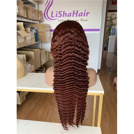 Lishahair color #33 red copper color deep wave human hair lace frontal wig 