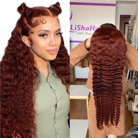 Lishahair color #33 red copper color deep wave human hair lace frontal wig 