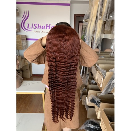 Lishahair color #33 red copper color deep wave human hair lace frontal wig 