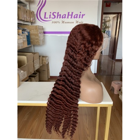 Lishahair color #33 red copper color deep wave human hair lace frontal wig 