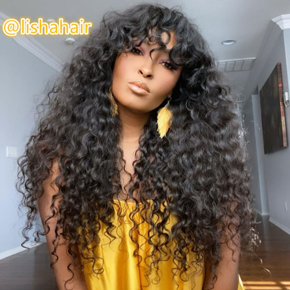 Human Hair bang style curly wavy lace front wigs with wavy bangs lishahair LS6101 Human Hair bang style curly wavy lace front wigs with wavy bangs lishahair LS6101