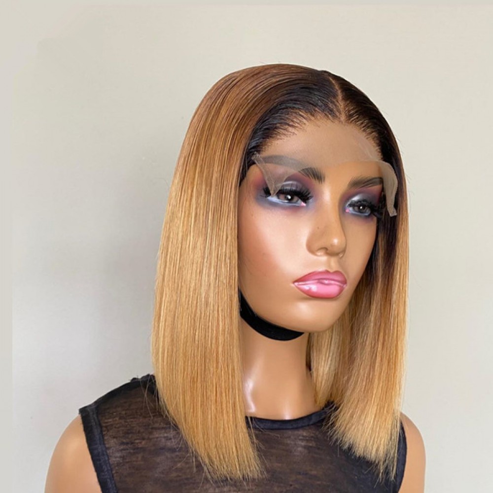 Dark roots 1b 27 silky straight virgin human hair short 5x5 lace closure bob wig preplucked hairline Dark roots 1b 27 silky straight virgin human hair short 5x5 lace closure bob wig preplucked hairline