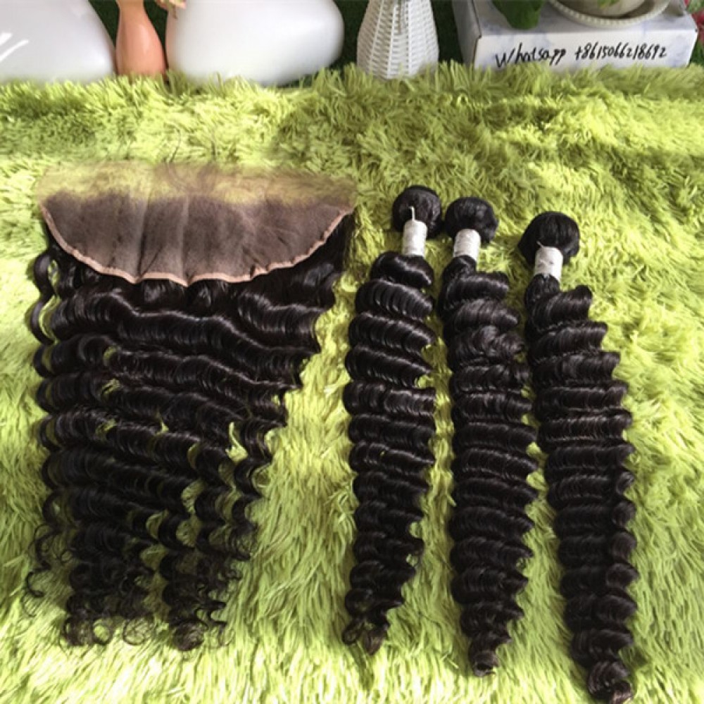 Lishahair Brazilian Deep wave human hair lace frontal with bundles dhl free shipping