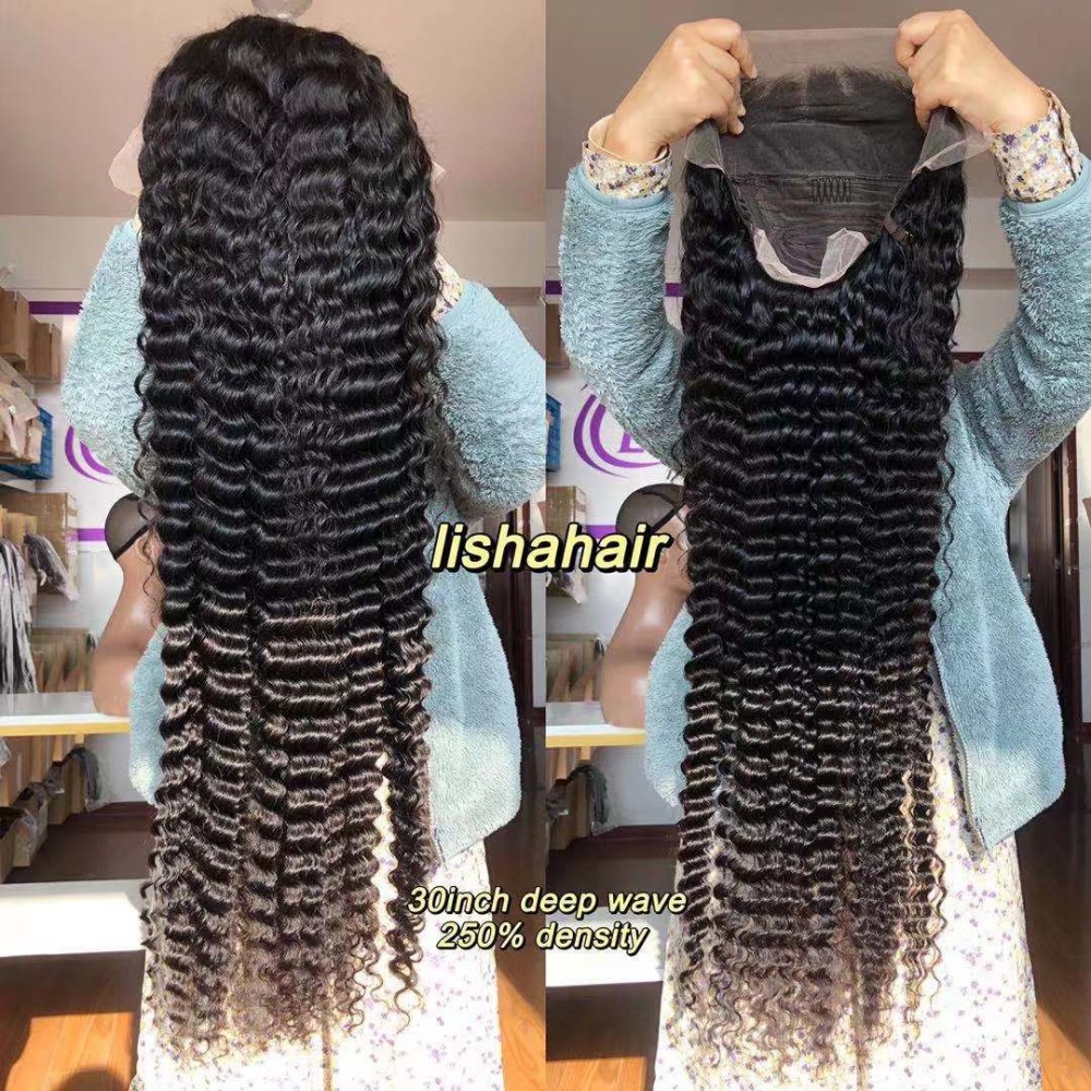30inch 13x4 transparent lace front wigs 250% density deep wave style With Bleached Knots LS9531 30inch 13x4 transparent lace front wigs 250% density deep wave style With Bleached Knots LS9531