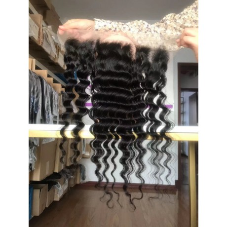  Loose deep wave 13x4 transparent Lace Frontal pre plucked hairline with bleached knots