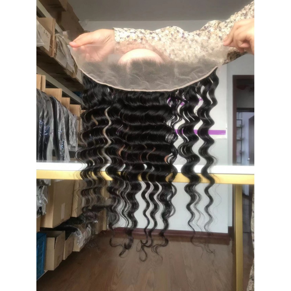  Loose deep wave 13x4 transparent Lace Frontal pre plucked hairline with bleached knots
