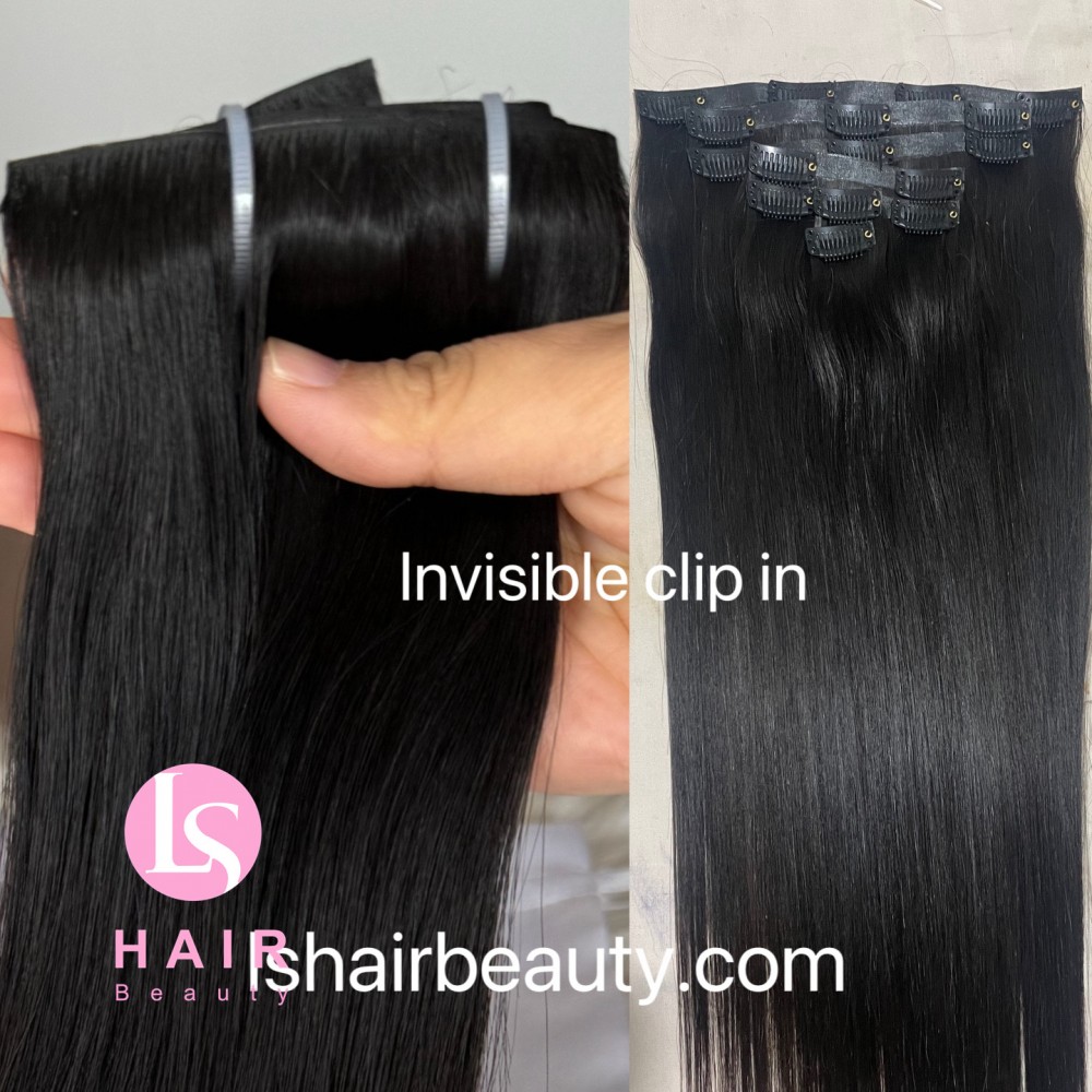 Invisible Clip in #1b black Indian virgin  human hair extension natural black color 