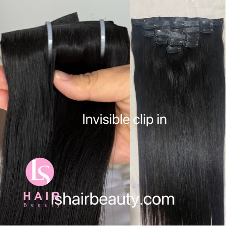 Invisible Clip in #1b black Indian virgin  human hair extension natural black color 