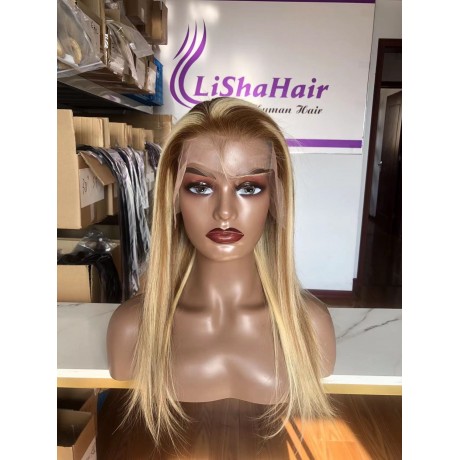 Balayage  highlights colored Wigs  27/613 color silky straight Brazilian virgin human  hair transparent lace front wig 180% density 