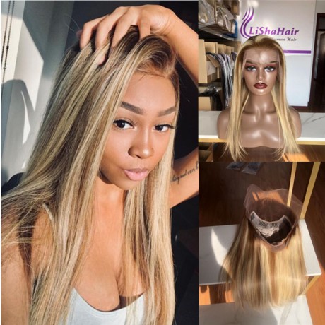 Balayage  highlights colored Wigs  27/613 color silky straight Brazilian virgin human  hair transparent lace front wig 180% density 