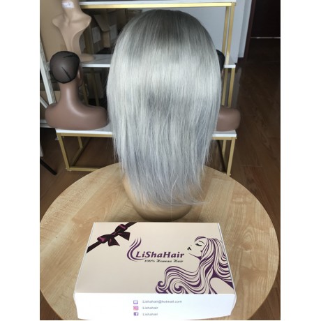 Light grey colored silky straight human hair transparent lace front wig pre plucked hairline 180% density