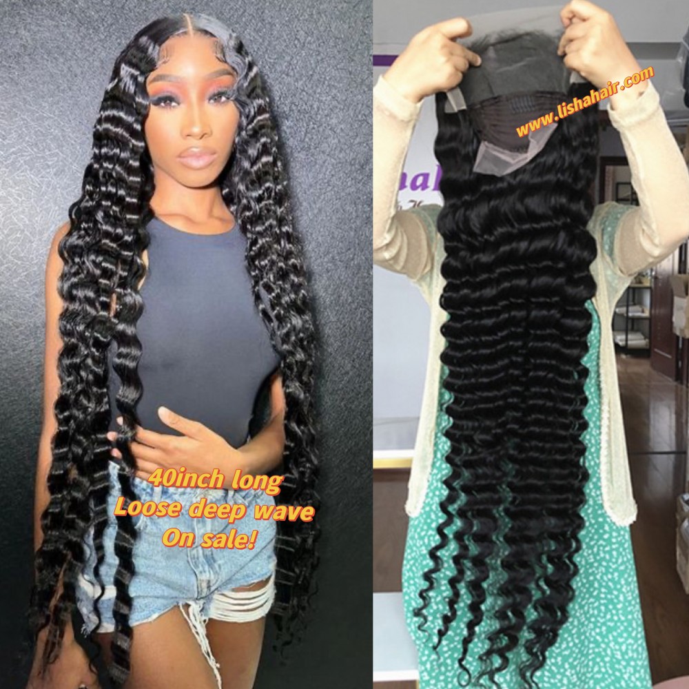 40inch long 180% density loose deep wave Human Hair 13x4 transparent lace front wig