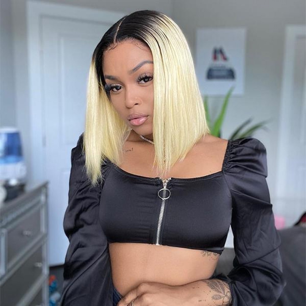 180% density 1b 613 dark roots blonde bob lace front wig silky straight style 180% density 1b 613 dark roots blonde bob lace front wig silky straight style