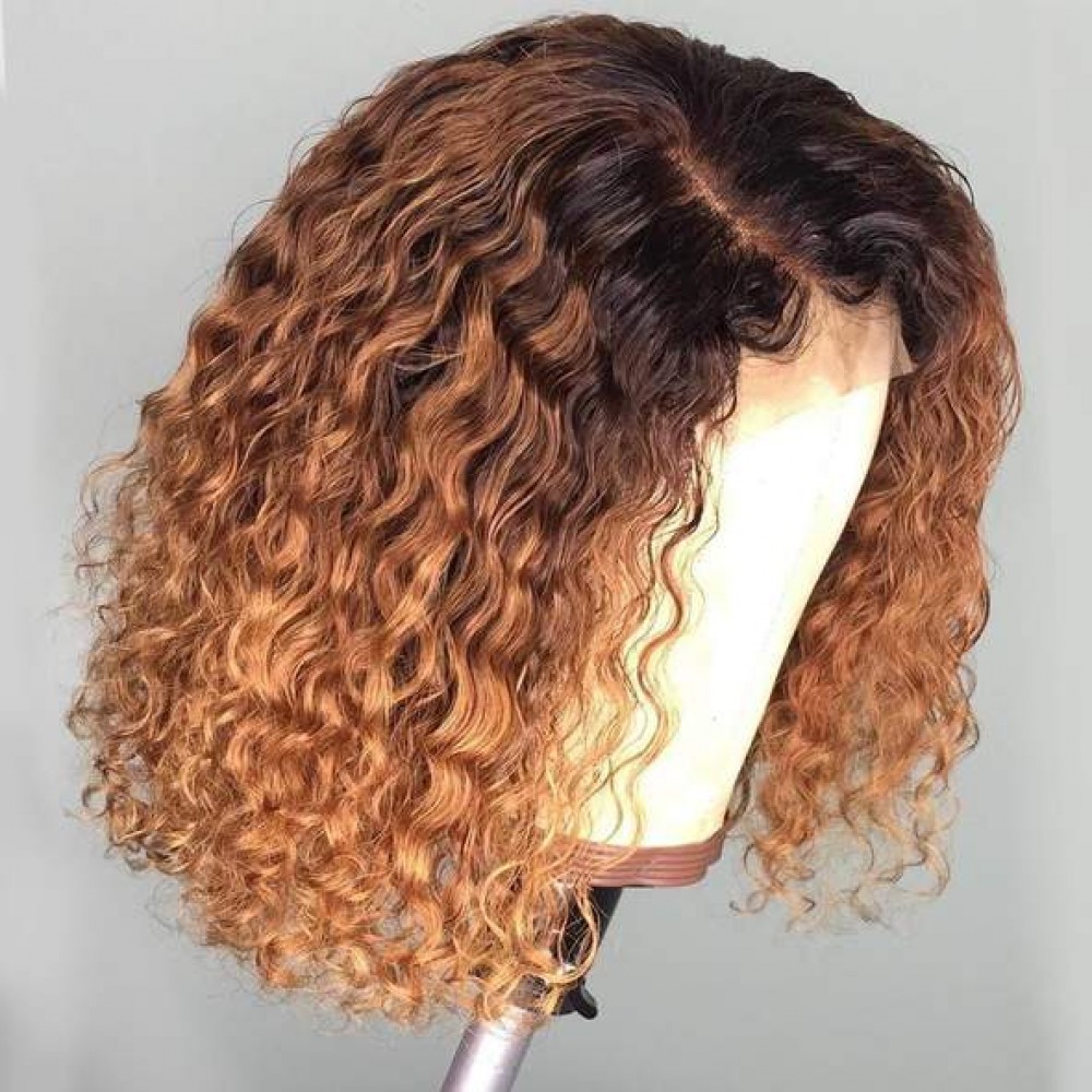 Dark roots 4 30 ombre curly bob virgin human hair 13x4 transparent lace front wigs LS1152