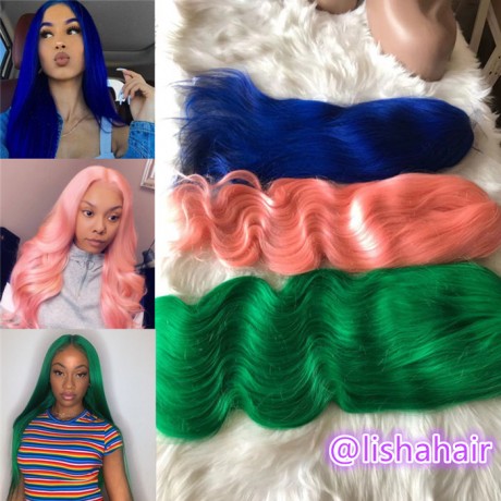 Blue/Pink/ Green colored virgin human hair 13x4 transparent lace front wigs silky straight / body wave 150% density