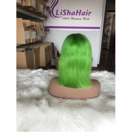 Colored  green colored Virgin Human Hair Silky Straight 180% density transparent Bob Lace Front Wig LS82013