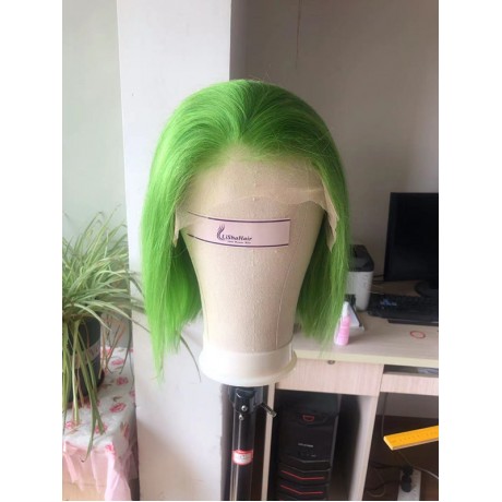 Colored  green colored Virgin Human Hair Silky Straight 180% density transparent Bob Lace Front Wig LS82013