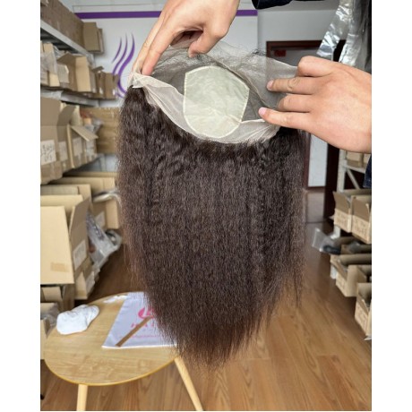 Silk base full lace wig Indian virgin human hair 150% density dark brown kinky straight texture 