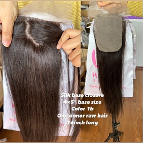 One donor European raw human hair silk base closure #1b color