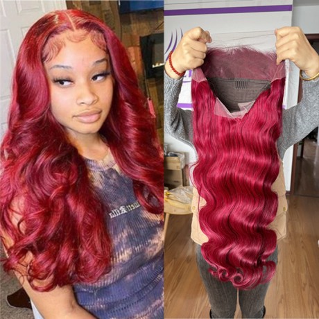 Burgundy body wave 13x4 transparent lace frontal wig 250% density body wave texture 