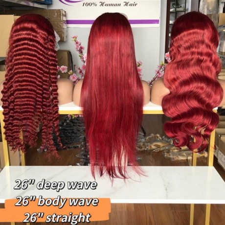 In stock 99j burgundy deep wave 13x4 transparent lace frontal wig 180% density 24'' 26'' 28'' 30''