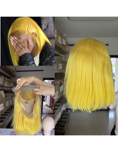 Lemon Yellow colored bob lace front wig Indian virgin human hair style 