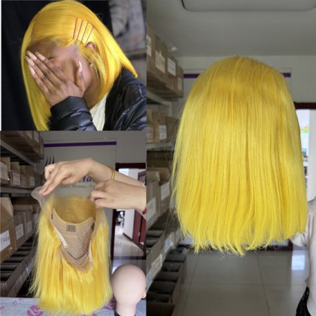 Lemon Yellow colored bob lace front wig Indian virgin human hair style 
