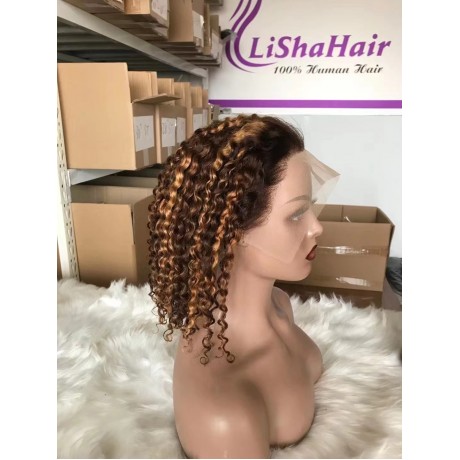 highlights colored human hair bob lace front wig 180% density 