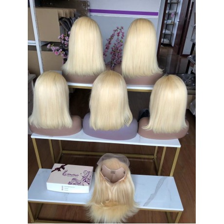 180% density 613 Blonde silky straight 13x4 transparent lace front bob wig pre plucked hairline