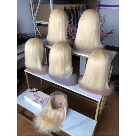 180% density 613 Blonde silky straight 13x4 transparent lace front bob wig pre plucked hairline