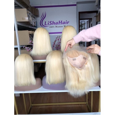 180% density 613 Blonde silky straight 13x4 transparent lace front bob wig pre plucked hairline