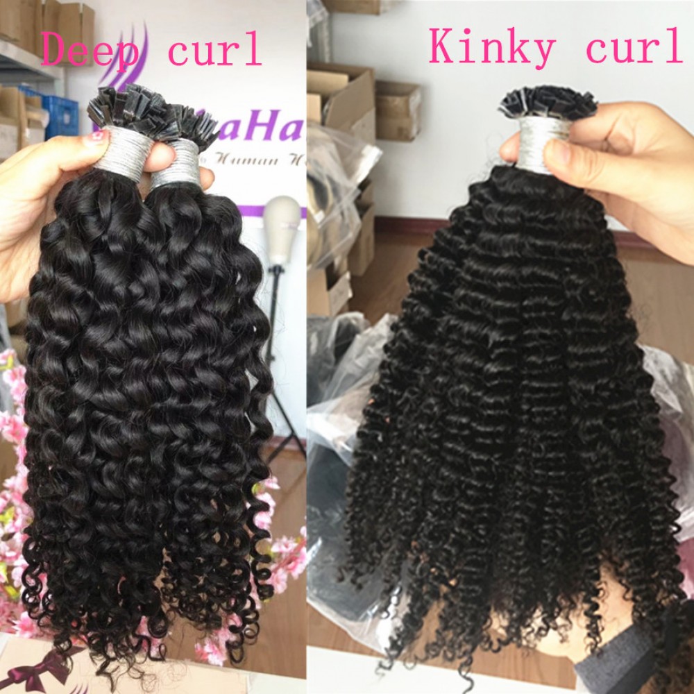 Flat Tip Hair Extensions natural color deep curly vs kinky curly 100g/pack In 100strands