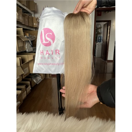 Top quality european raw human hair silk base topper weft back 12inch long T8P18/60