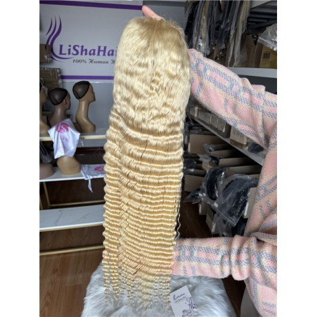 613 blonde deep wave Indian virgin human hair 13x6 transparent lace frontal wig 180% density 