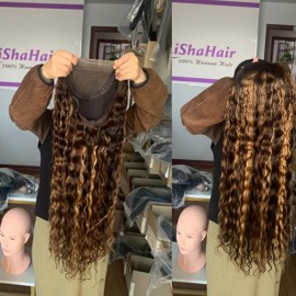 Highlight P4/27 5x5 transparent lace closure wig water wave curly style