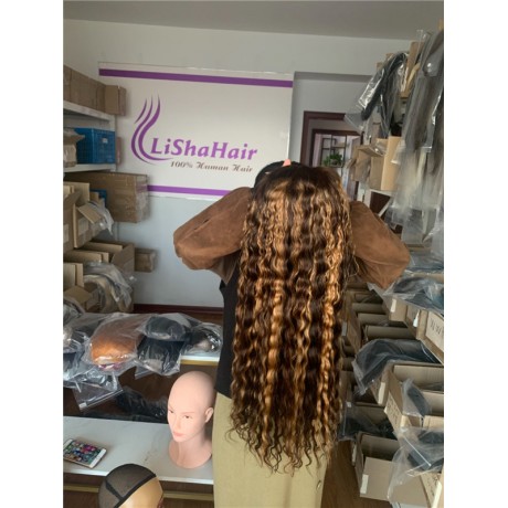 Highlight P4/27 5x5 transparent lace closure wig water wave curly style 