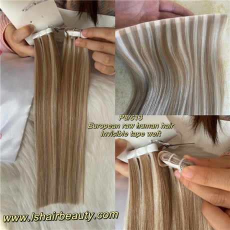 One donor raw human hair invisible tape weft extensions P8/60 100g/pc