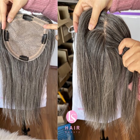 Full handtied silk base topper 1b/grey highlights color European raw human hair 