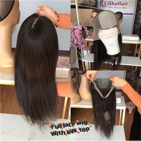 Silk Base Full Lace Wig Indian Virgin Human Hair 180% Density natural black color 