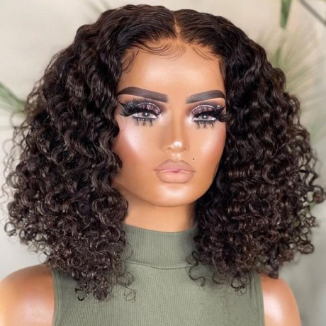 5x5 transparent lace closure Bob Wigs water wave curly style For Women virgin brazilian human hair 200% density