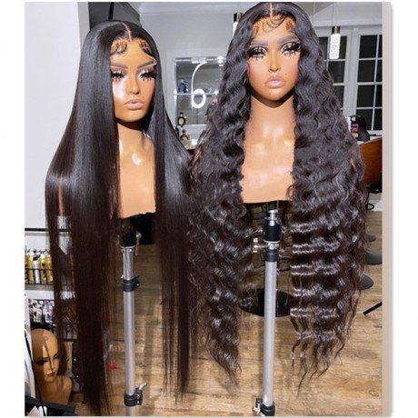 Silky straight and Deep wave Human Hair lace front Wigs Pre-Plucked 34inch 250% density
