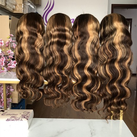 balayage highlights colored 4 27 body wave virgin human hair lace frontal wigs 180% density