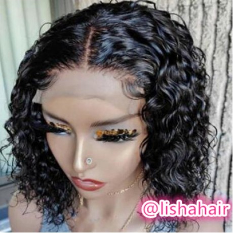 4x4 transparent lace closure Bob Wigs water wave curly style For Women virgin brazilian human hair