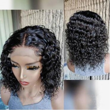 4x4 transparent lace closure Bob Wigs water wave curly style For Women virgin brazilian human hair