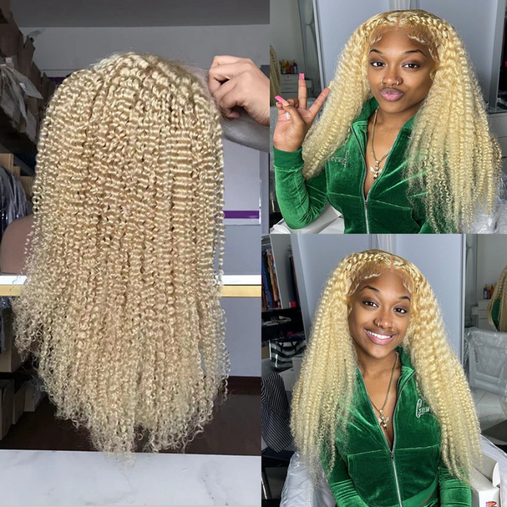 18inch 613 blonde kinky curly lace front wig 180% density 13x4 transparent lace front wigs pre plucked hairline