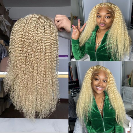 18inch 613 blonde kinky curly lace front wig 180% density 13x4 transparent lace front wigs pre plucked hairline