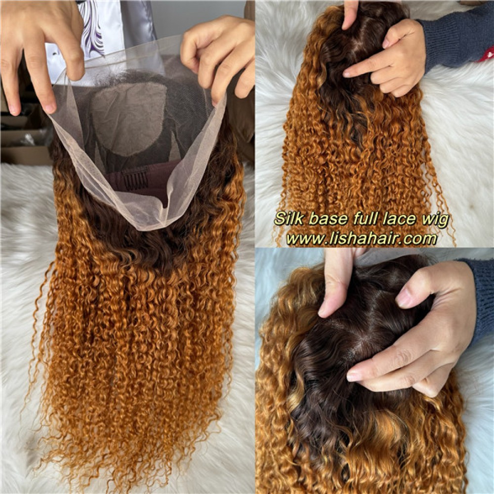 Silk Base Full Lace Wig Indian Virgin Human Hair 180% Density ombre curly hairstyle
