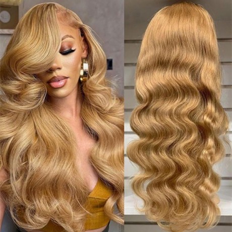 Honey blonde color 27 13x4 transparent lace frontal wig 180% density 